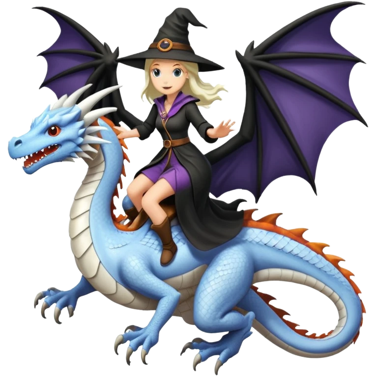 Large white dragon flying with a witchy female rider on top of it emoji