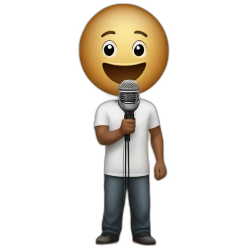 light skin man on theater stage with red curtains holding microphone emoji
