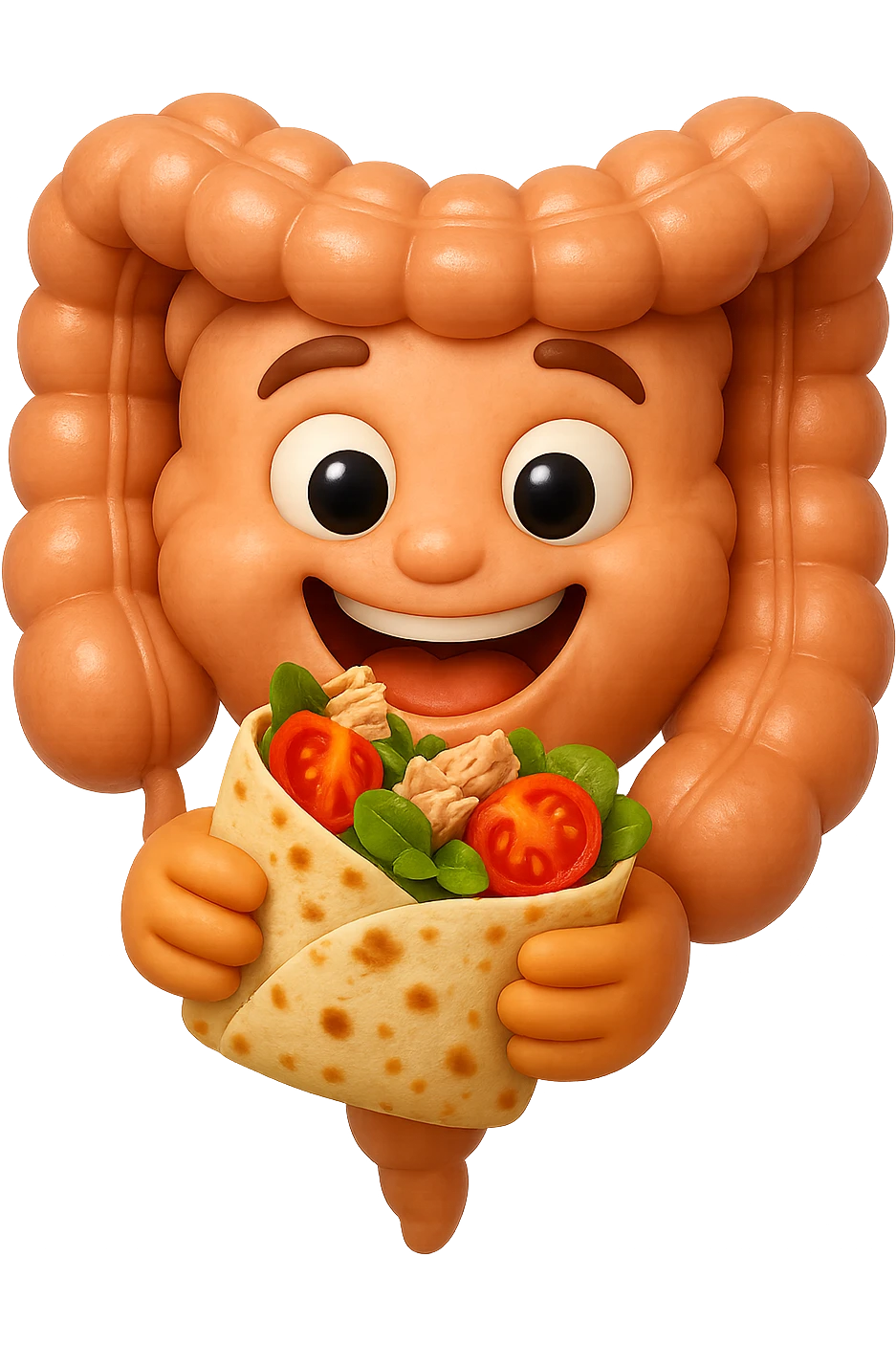 EMOJI STILE IPHONE DI un intestino che mangia una piadina con tonno, valeriana e pomodorini, iperrealistica 4k emoji