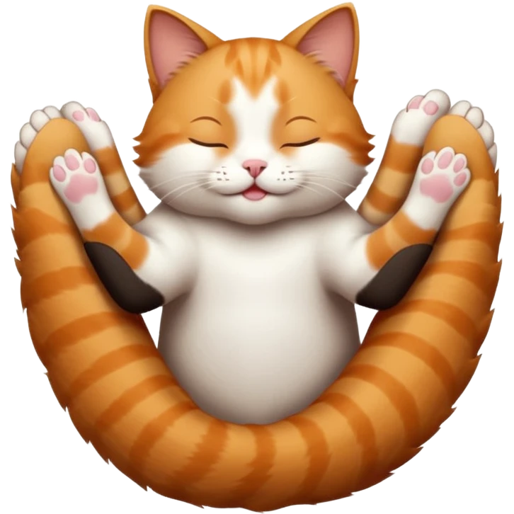 ginger and white small cat eyes closed lying down upside down with paws stretched out in different directions emoji