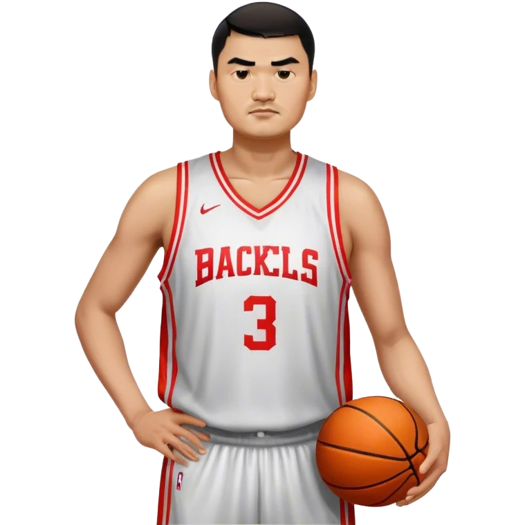 Yao Ming – Cinematic Realistic Portrait of Yao Ming, depicted as a towering basketball icon in a modern uniform, with a gentle yet determined expression and dynamic arena lighting that highlights his immense stature and graceful athleticism. emoji