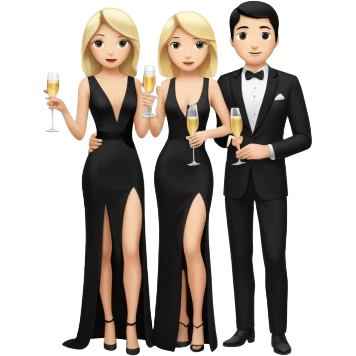 Blonde woman, black, Long, tight, sleveless Dress, Slot left Leg, man, DARK Hair, in Dinner jacket, Background bedroom, drinking champaign emoji