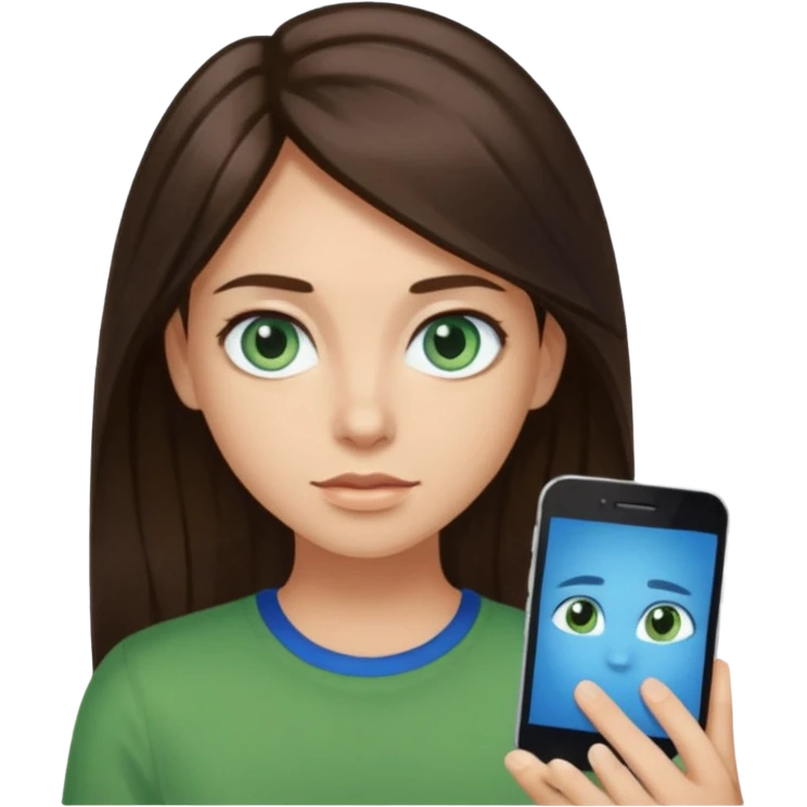long dark brown hair with highlights in the front, big blue eyes clear skin with neck and green top on emoji