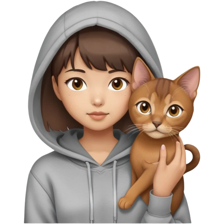 a asian girl with short brown hair and bangs holding an Abyssinian cat， wearing grey hoodie emoji