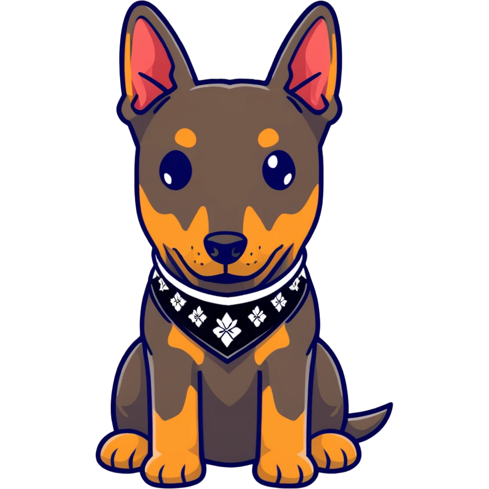 Doberman dressed as a bandit with a bandana and a mischievous expression emoji