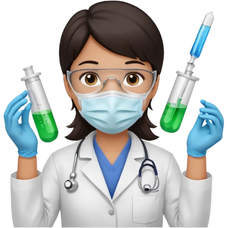medica con guantes  y mascarilla e insumos laboratorio reactivo jerigan tubos  pelo negro largo triguella sin testoscopio emoji