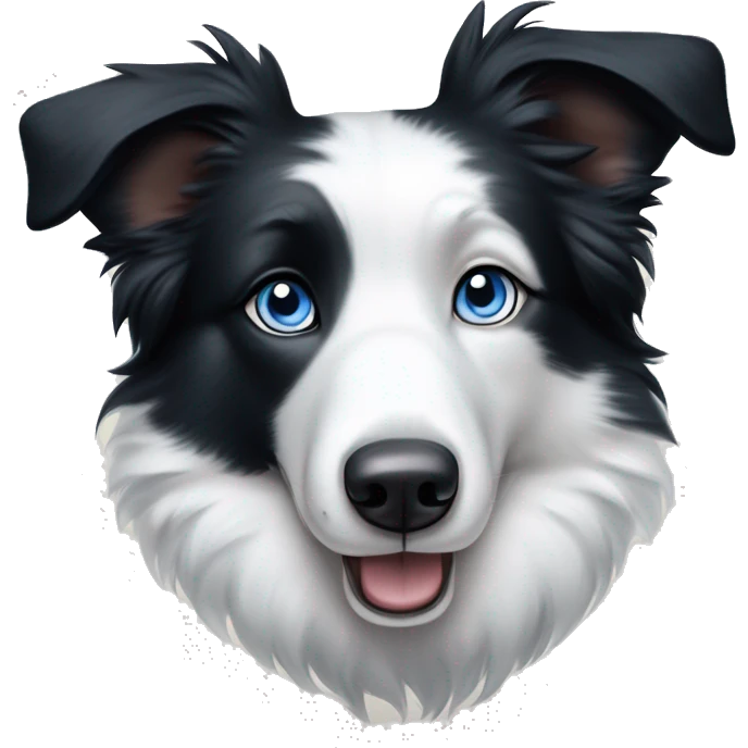 "Border Collie with striking ice-blue eyes, black and white fur pattern. White face with black patches around eyes and ears. Perked triangular ears and fluffy, well-groomed coat."​​​​​​​​​​​​​​​​ emoji