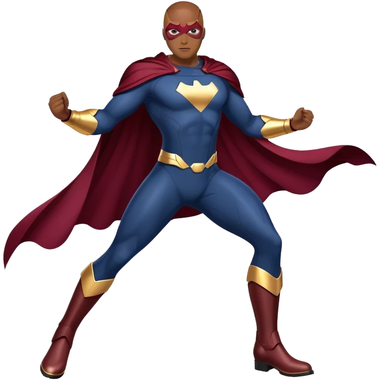 superhero in dark blue and maroon bodysuit with gold accents, digital cape, maroon boots, dynamic pose emoji