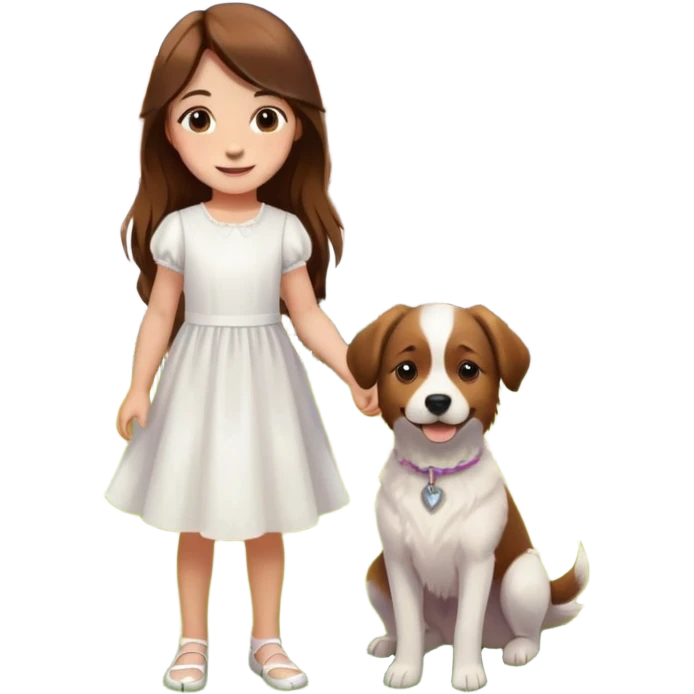 1girl, dog, dress, brown_hair, outdoors, realistic, grass, flower, sunlight, looking_at_viewer, smile, solo, long_hair, brown_eyes, white_dress, house, standing, day, animal emoji
