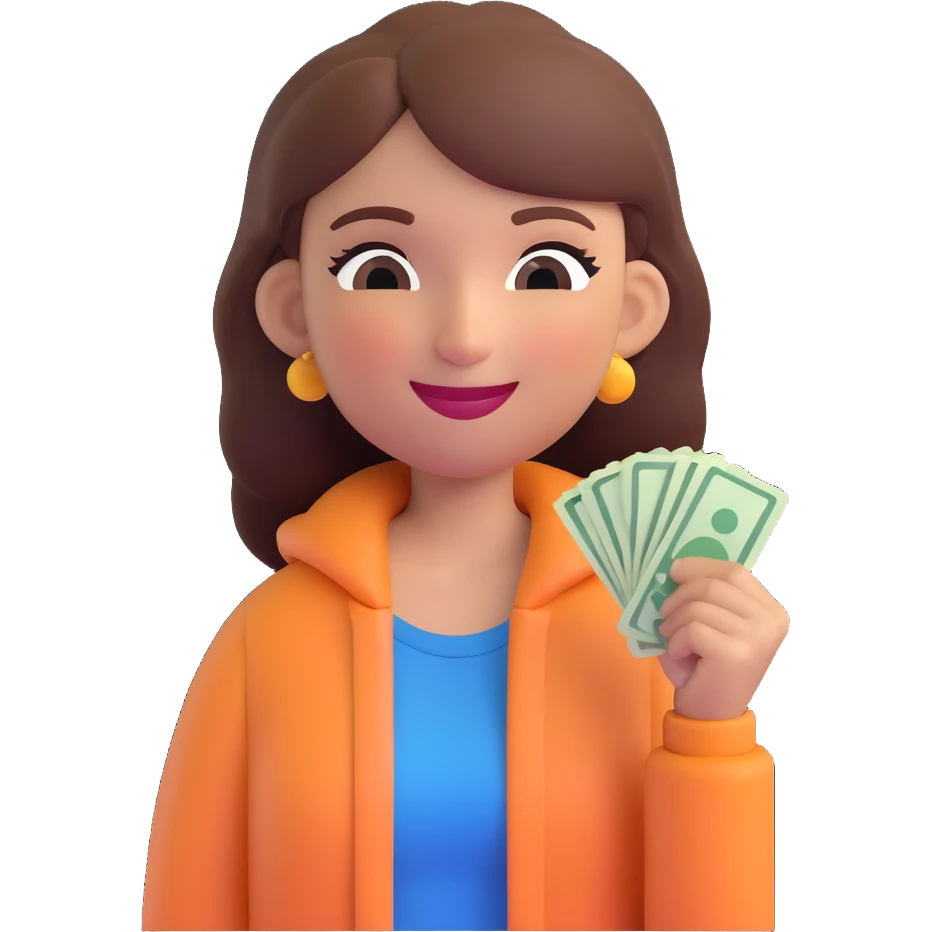 memoji of a stylish girl with charisma, showing tired happiness, smiling with one eye half-closed, in comfortable modern clothes, holding cash or cards emoji