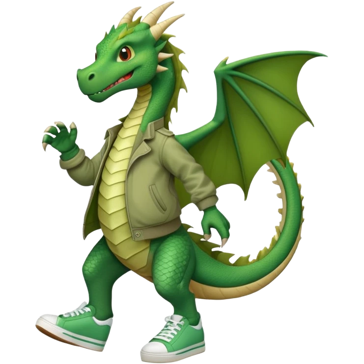 friendly anthropomorphised green dragon in a jacket and sneakers walking upright, relaxed pose emoji