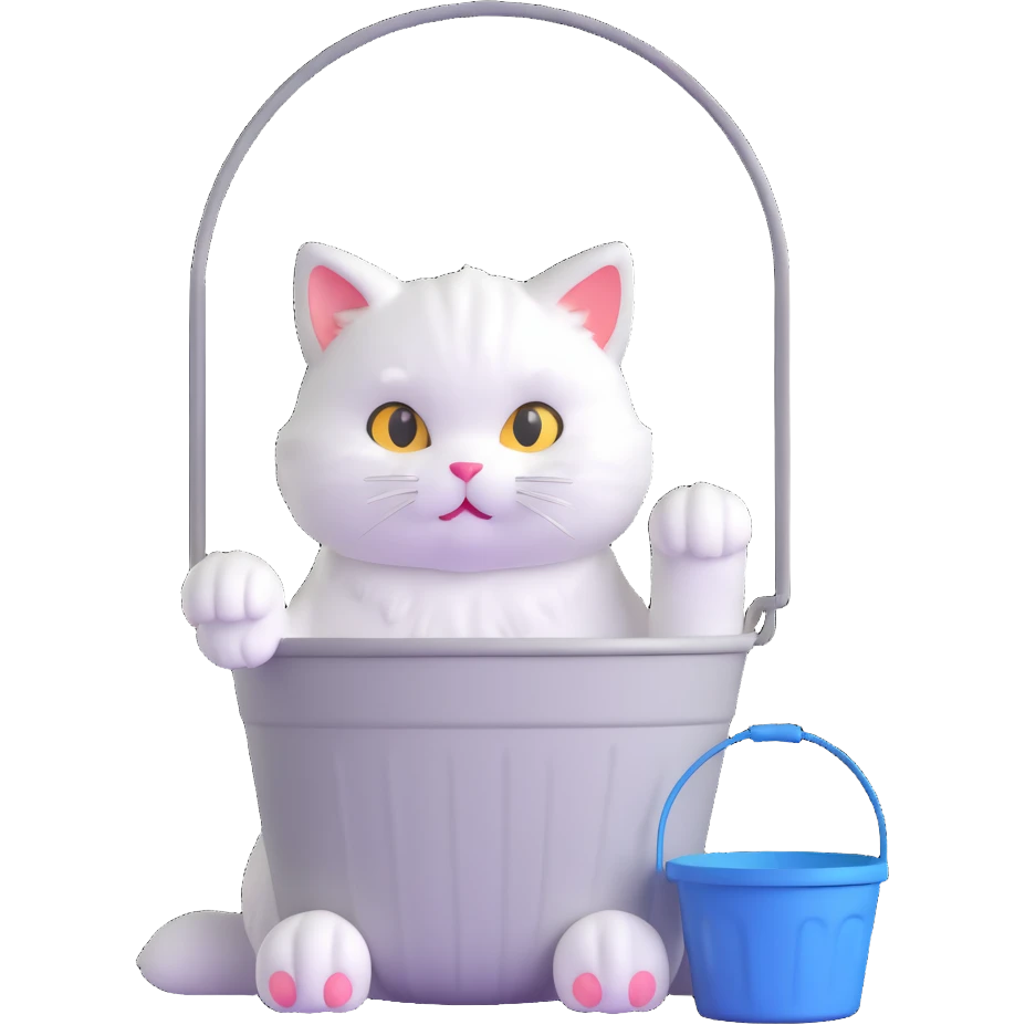 fluffy white cat sitting with a large bucket on its head, paws visible emoji