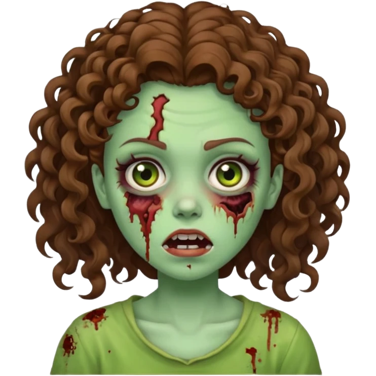 Zombie girl with curly brown hair como emoji de iphone y con la boca un poco lastimada  emoji
