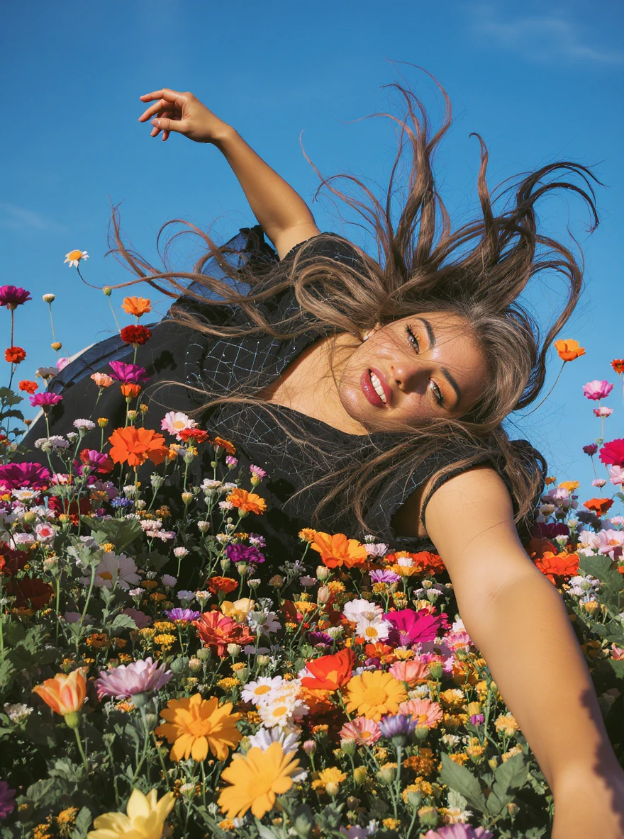 Closeup photo of a woman falling down (almost hit the ground) around colorfull flowers wearing alternative fashion, blue sky minimalistic background emoji