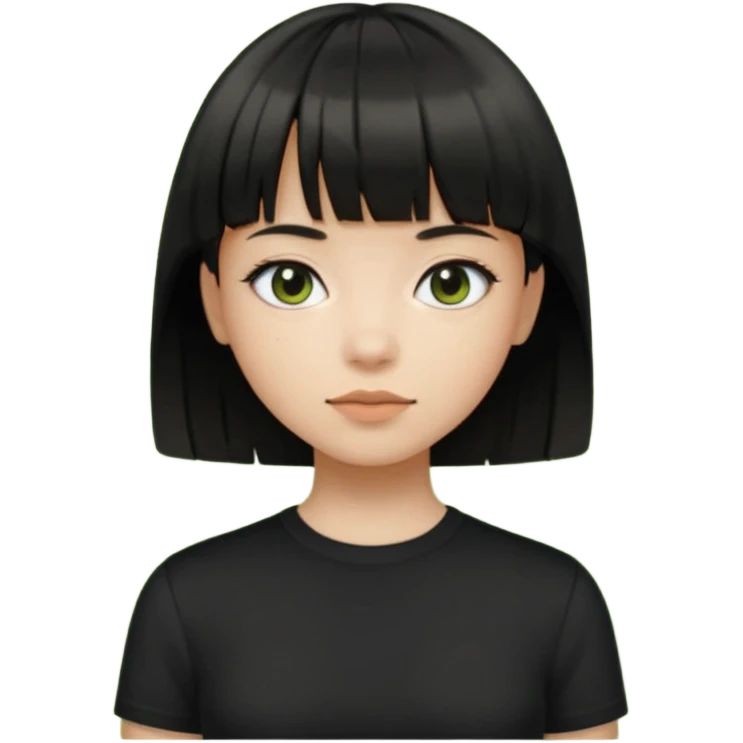 Emoji zombie girl verde com cabelo preto liso  curto com franja com uma blusa preta emoji