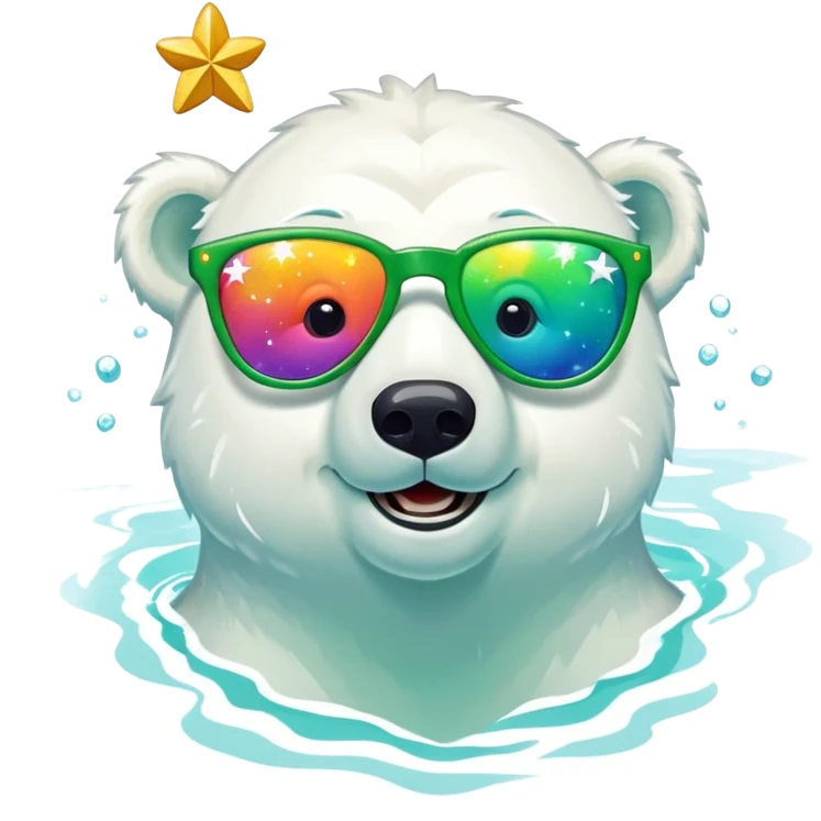 friendly anthropomorphised polar bear smiling, wearing large multicolored star-shaped glasses and festive St. Patrick's Day outfit, swimming in water emoji