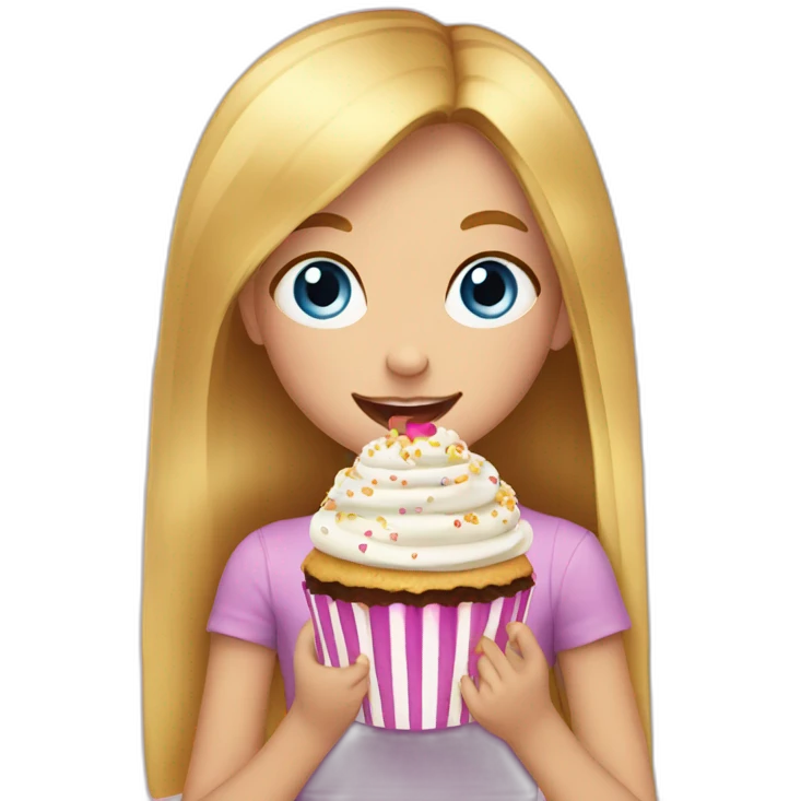 4-years old girl with golden straight hair and blue eyes eats cupcake emoji