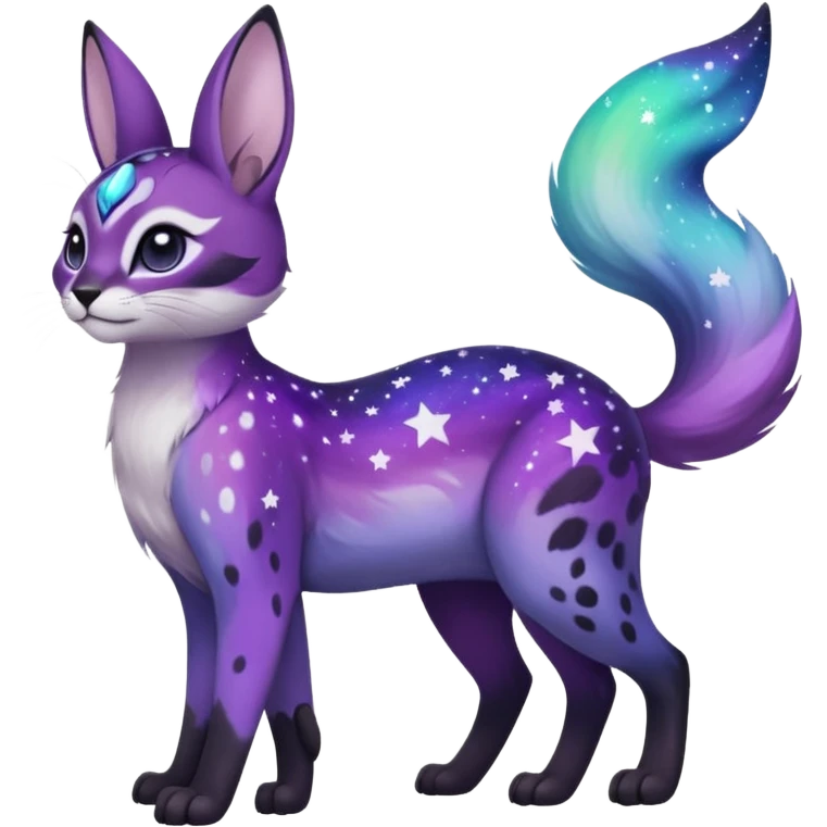 Colorful black-violet-indigo-purple-gradients nebulae nebula starry galactical shiny white-stars-spotted glorious iridescent divine exotic cute cool beautiful realistic Meloetta-caracal-civet-sergal-bunny-oncilla-animal-Fakémon-hybrid-fursona (full body) emoji