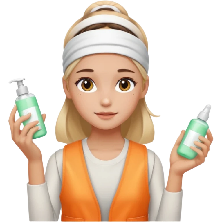 Clean girl aesthetic emoticons, apply skincare products, headband, glowing skin, vest, soft lighting
 emoji