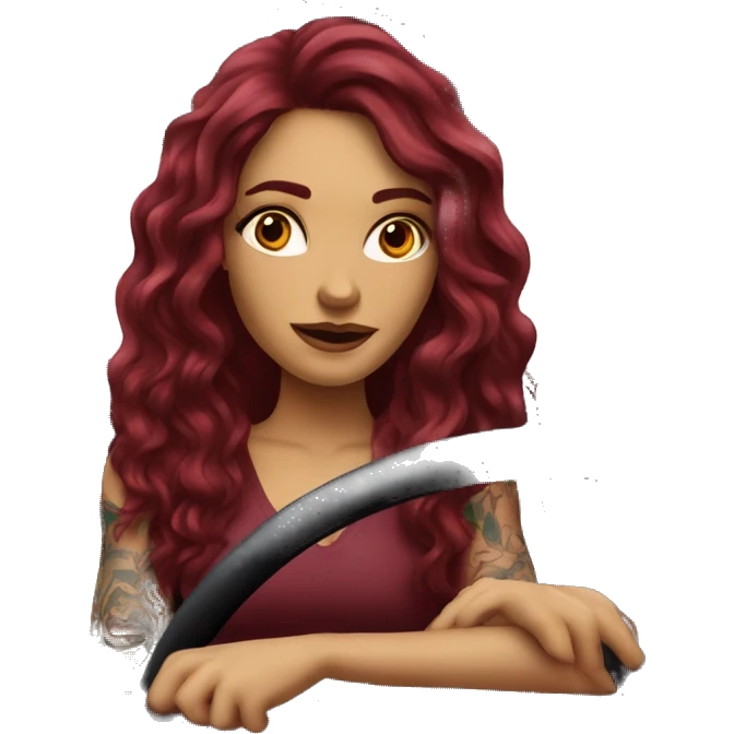 Beautiful tattooed burgundy long haired woman driving a car emoji