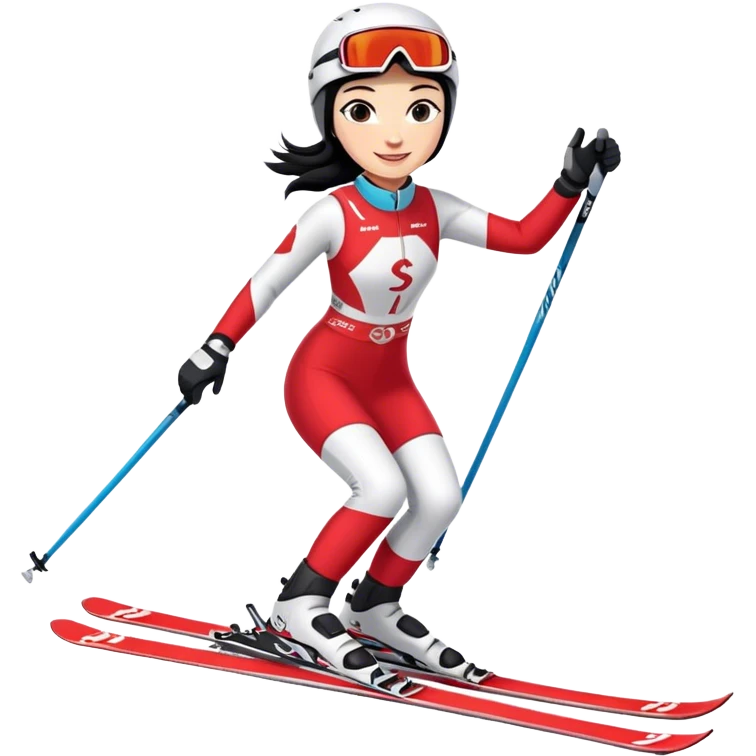 Ski racer woman downhill squad red white dress with the name Stephanie on the dress and the name HEAD on the skis black hair smile emoji
