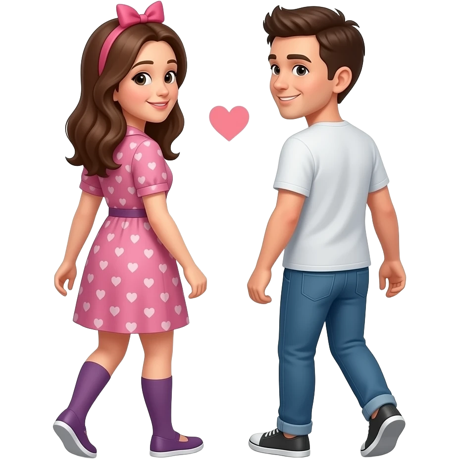 Two people secretly in love walking away from each other with smirks but looking back at one another emoji