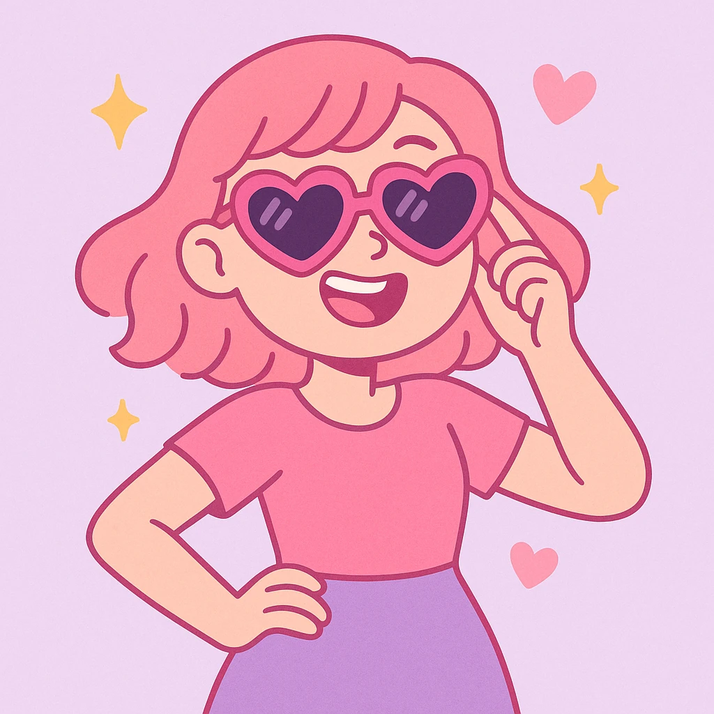 girly pop pinterest vibe, heart sunglasses, pink and lavender, playful, sparkles emoji