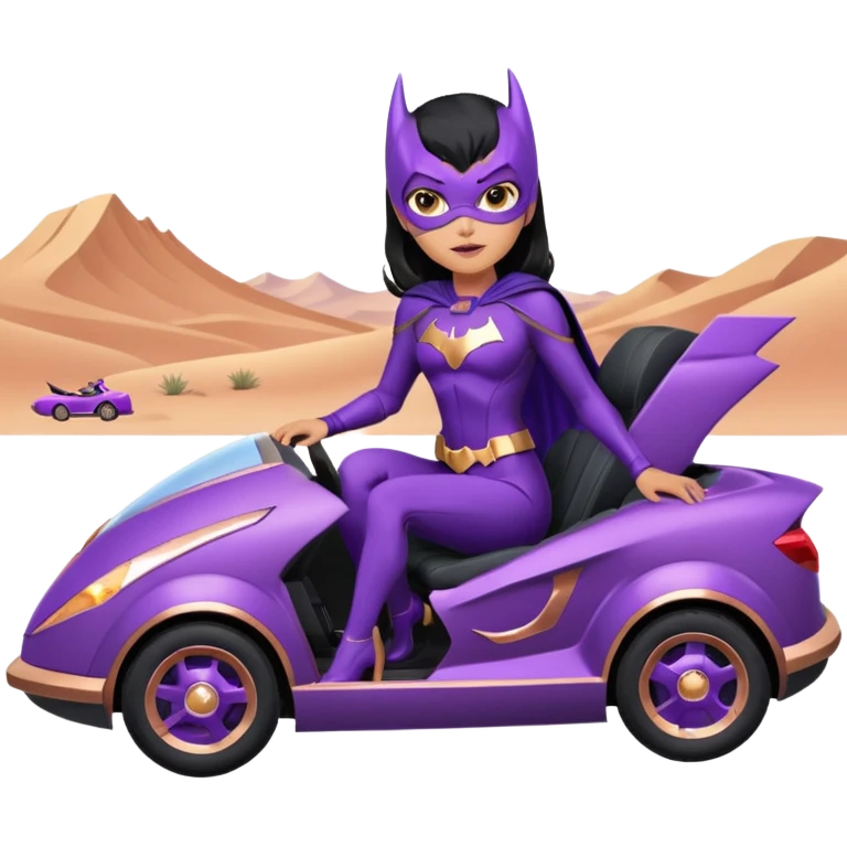 Hot full size real-appearance racing action BatGirl’s feminine midnight-purple tight outfit sixty’s tv show 1992 stealth retro cat burglar sporty petite off-road pursuit hovering hover cruiser car rose gold accents (black hair,reclined and relaxed seating position and attitude) desert emoji