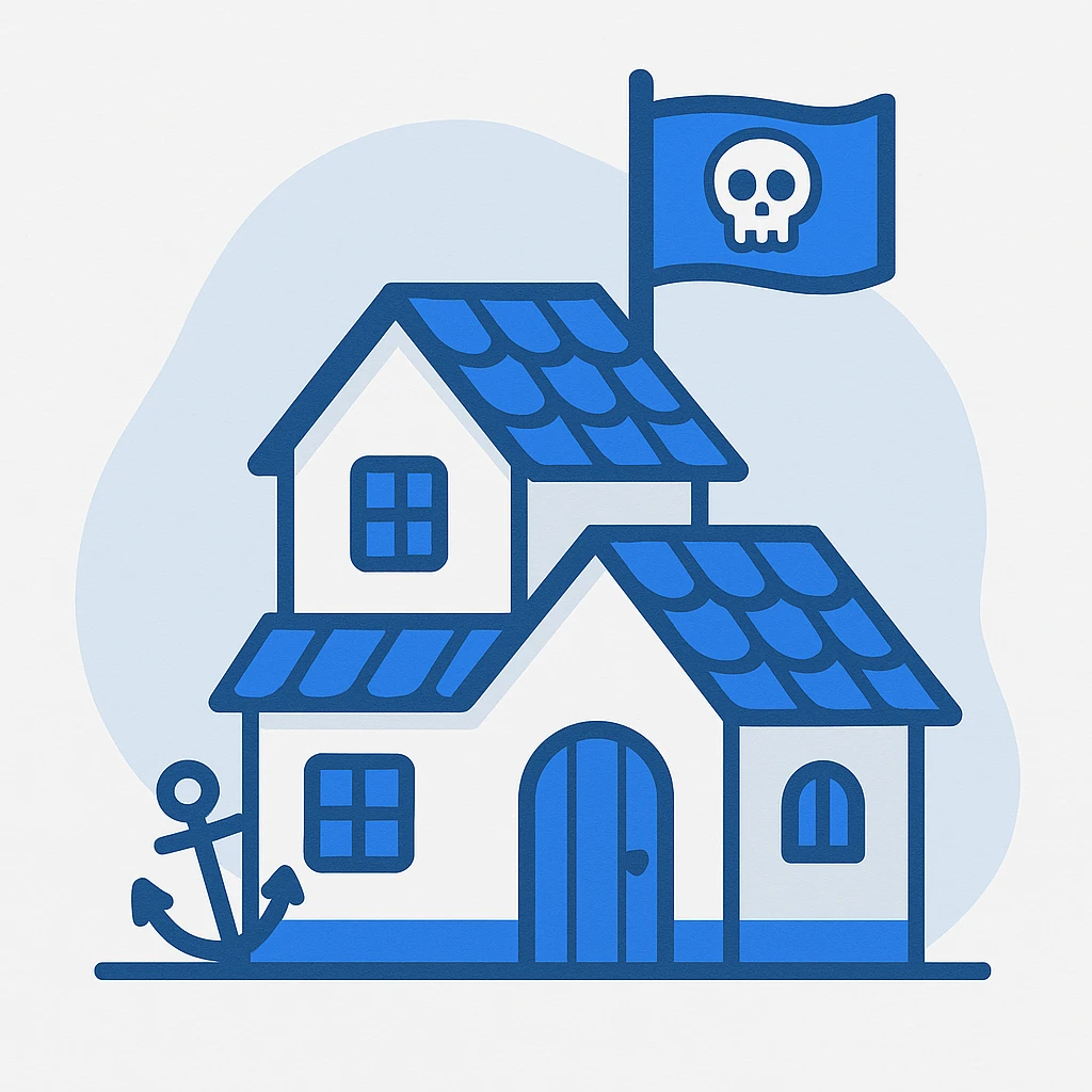 old pirate's house with skull flag emoji