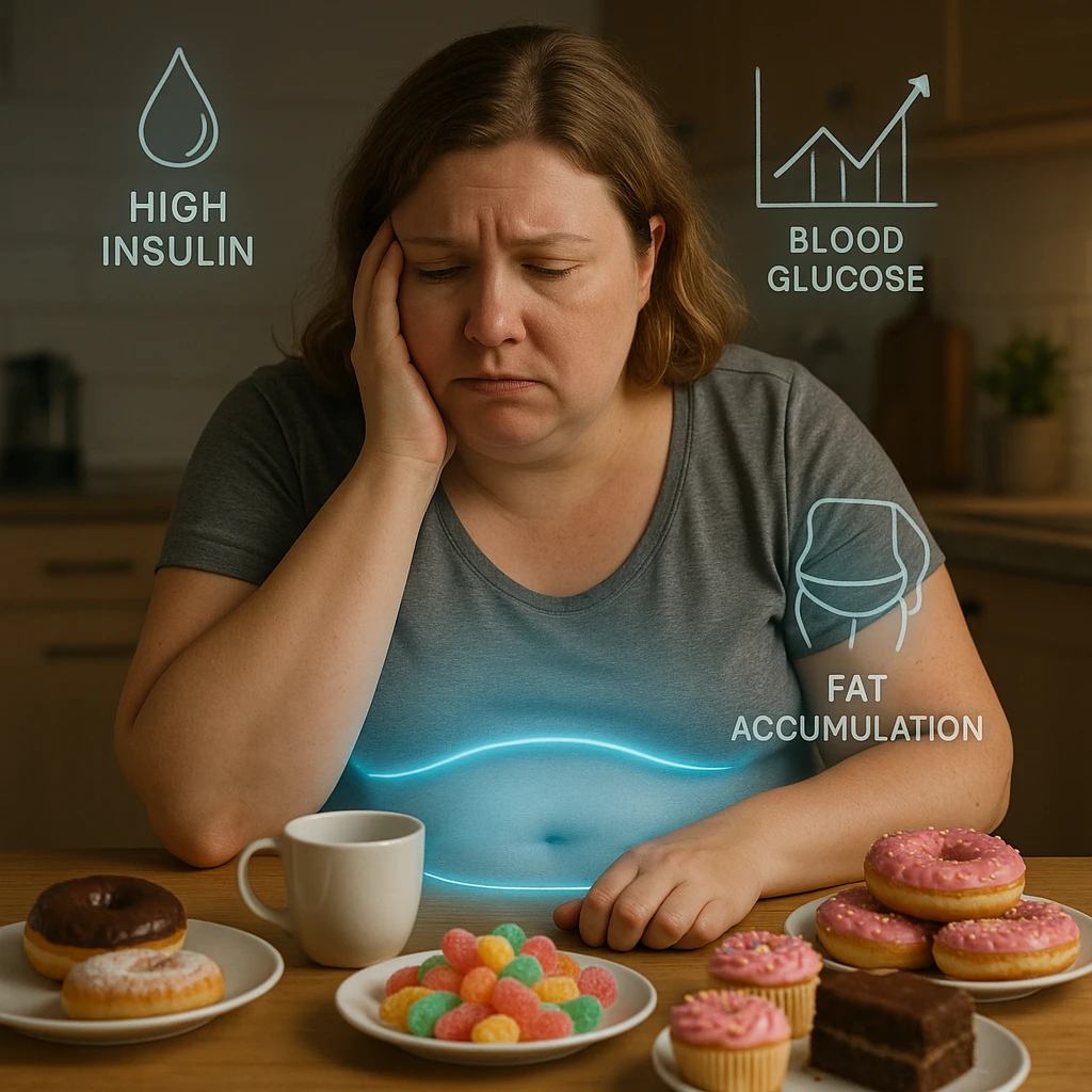 A woman in her late 30s, slightly overweight, sitting tired at a kitchen table with sugary foods in front of her. Her expression frustrated. A faint blue glow surrounds her abdomen, symbolizing metabolic dysfunction. Floating around her body: transparent icons of high insulin, rising blood glucose levels (graph with arrows up), and fat accumulation around the belly and hips. emoji