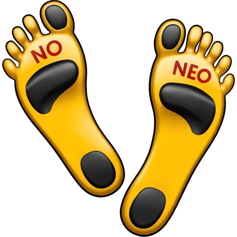 A pair of footprints with a prohibited symbol and text that reads "NO FEET" over them. emoji