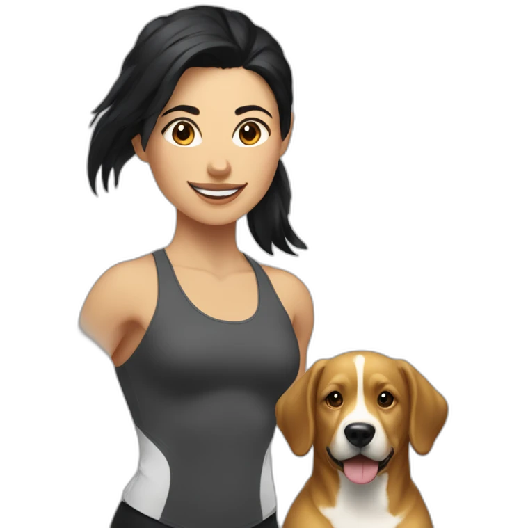 crossfit woman with black hair, white and doing lowering. And a golden race dog at her side emoji