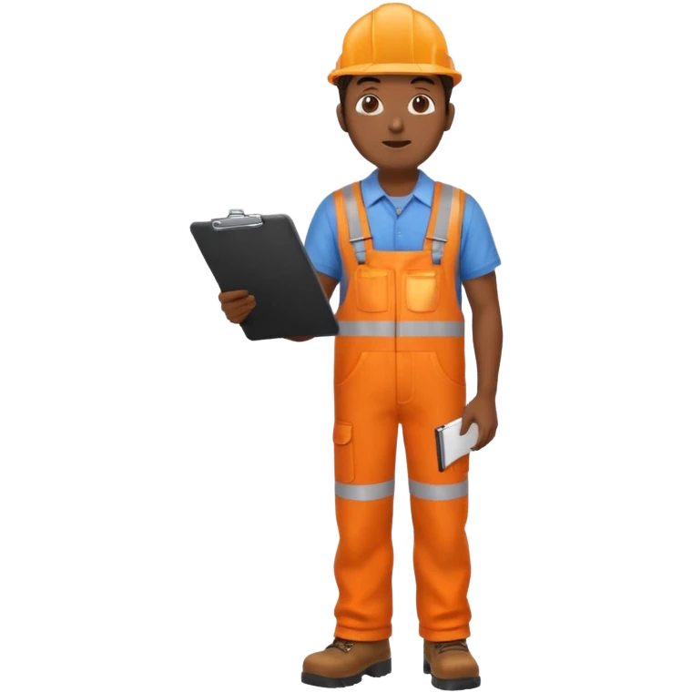 Indian male railway engineer orange overalls, boots holding a clipboard facing away emoji