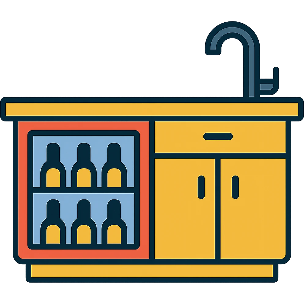 Wet bar with wine fridge and sink, minimal design, wood cabinets, color outline icon style, transparent background emoji