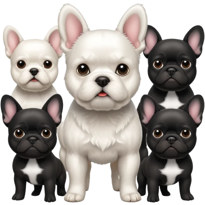 White terrier with 3 black French bulldogs behind him emoji