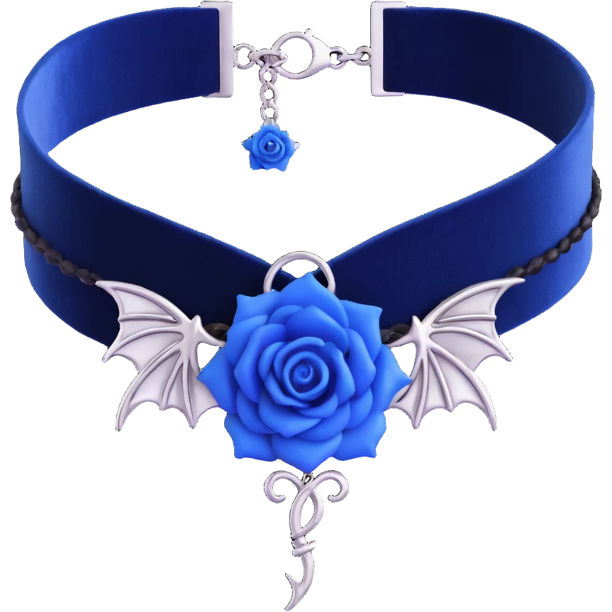 gothic choker with navy blue velvet band, silver bat charm, blue rose centerpiece, shimmering white light effect, dark and gothic emoji