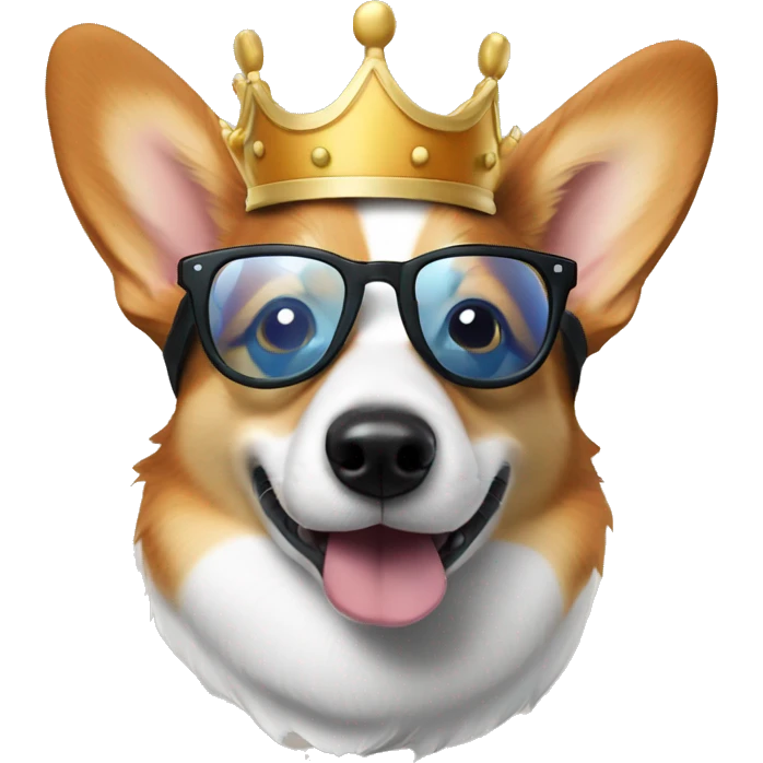 Tri-colored Corgi with a crown and round glasses sniffing the screen emoji