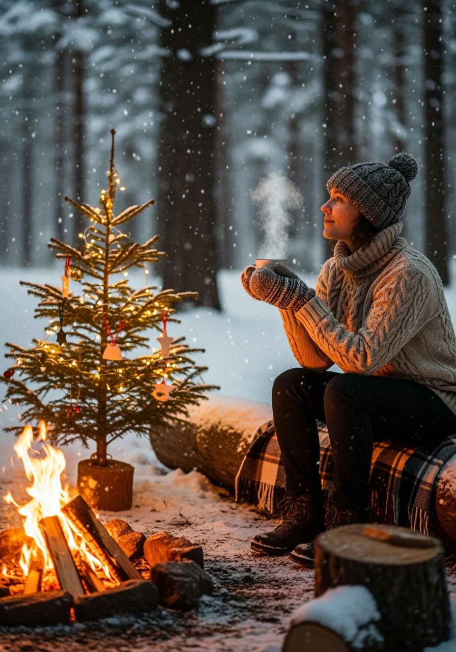 A cozy Christmas scene in the forest with a person holding a hot mug of coffee emoji