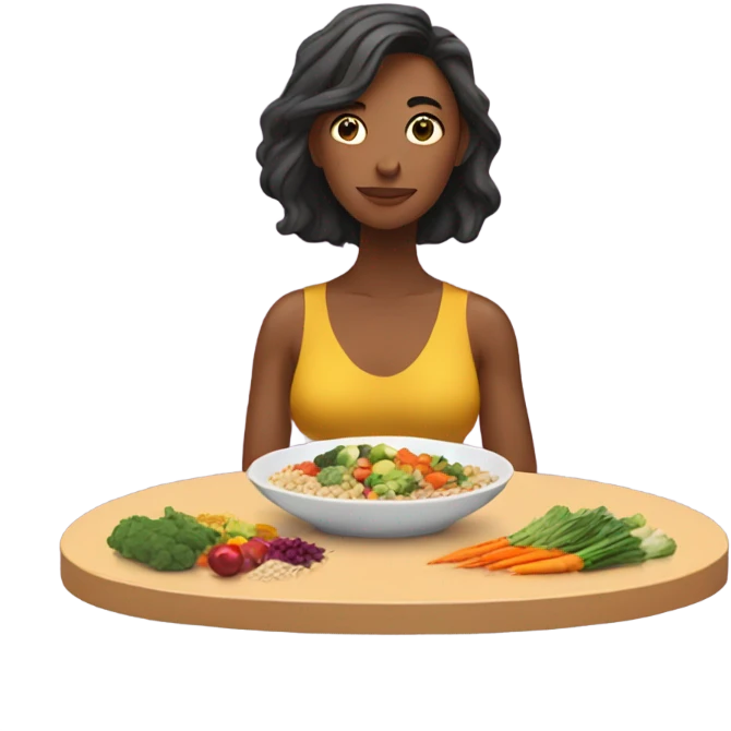 a woman looks at a plate of healthy food emoji
