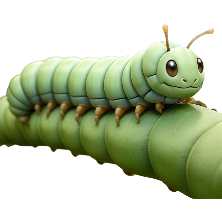 Beautiful and Majestic Caterpillar Portrait Emoji, Head and body rendered in serene repose with a gentle, content smile, showcasing a delicately segmented form with softly textured hues and eyes peacefully closed in tranquil slumber, Simplified yet exquisitely endearing features, highly detailed, glowing with a soft, drowsy natural light, high shine, relaxed and utterly noble, stylized with an air of graceful metamorphosis, soft glowing outline, capturing the essence of a beautiful and majestic caterpillar that embodies the quiet promise of transformation! emoji