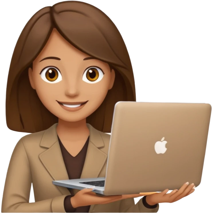 emoji of a tan woman with brown eyes and brown shoulder length hair, holding a laptop emoji