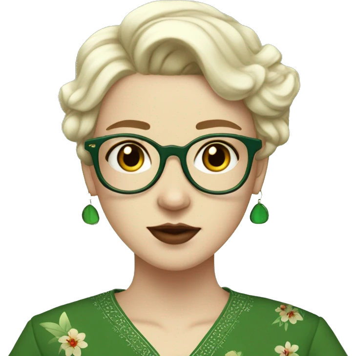 White girl in a green kurta with flower design, glasses, alot of piercing, gay, red lips, nose ring, full body, teen, short straight edgar hair,  emoji
