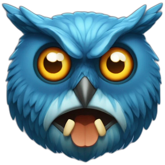 blue owl (hexa color 072a6b) with with devil horns, a wide grin, and eyes and eyebrows scrunched downward, looks angry, only head emoji