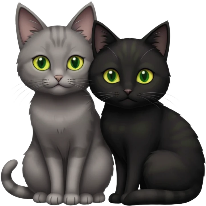 1 grey cat with green eyes and 1 black with yellow/green eyes cat cuddling emoji