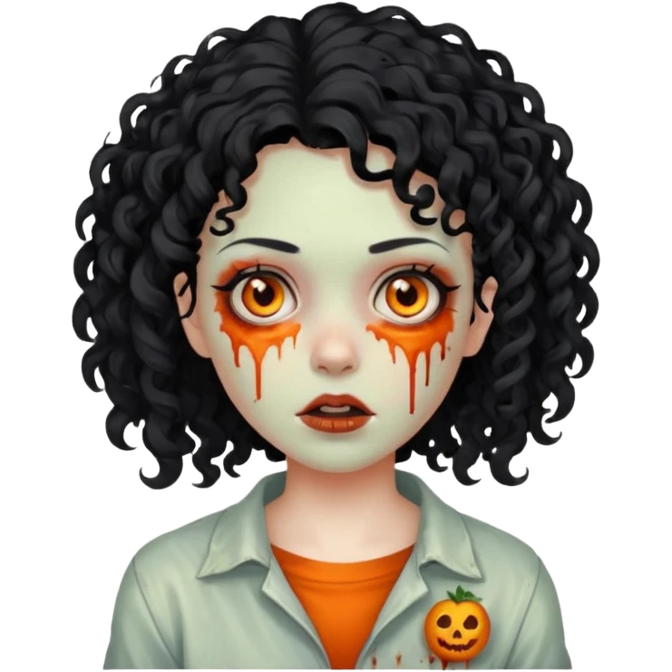 Faça uma garota zumbi de cabelo cacheado preto e uma mecha descolorida meio alaranjada do lado esquerdo emoji