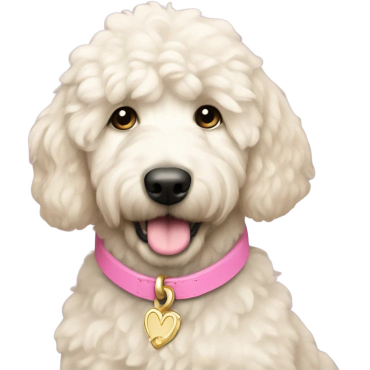 White cream mini golden doodle with pink collar princess emoji