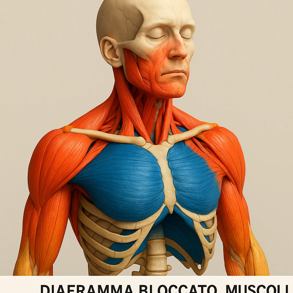 vista 3D del busto con diaframma bloccato, muscoli del collo e scapole sovraccaricati, colori vivaci, didascalia in italiano emoji