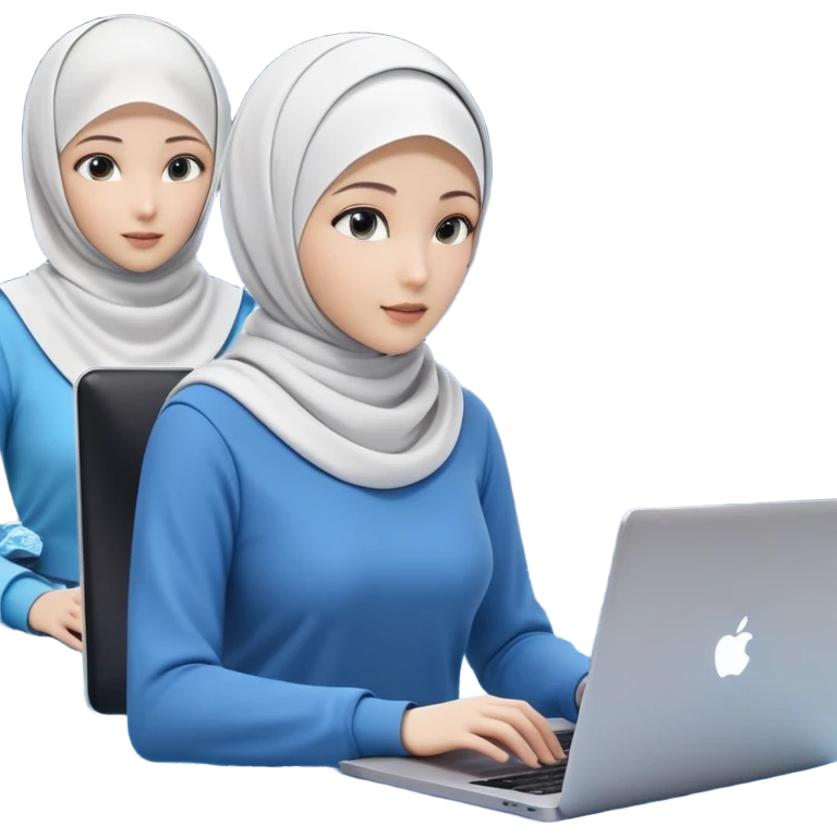 computer engineer with white hijab wearing blue outfit, with her metaverse creation coming to life around her, digital elements and code escaping from the screen behind her, virtual objects and holograms materializing in 3D space around her, laptop in front of her, her digital world extending beyond the screen into reality emoji