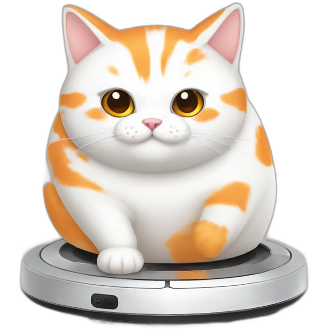 fat white and orange cat sitting on top of white roomba emoji