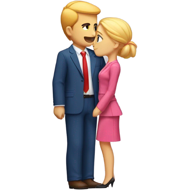 Man with orange skin blonde hair and a blue suit with red tie kissing girl with blonde hair wearing pink emoji